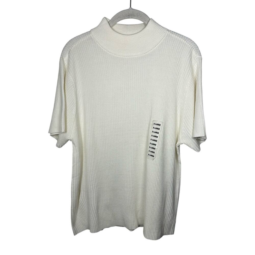 NWT Studio Works Cream Ribbed Mock Neck Short Sleeve Blouse Women's XL